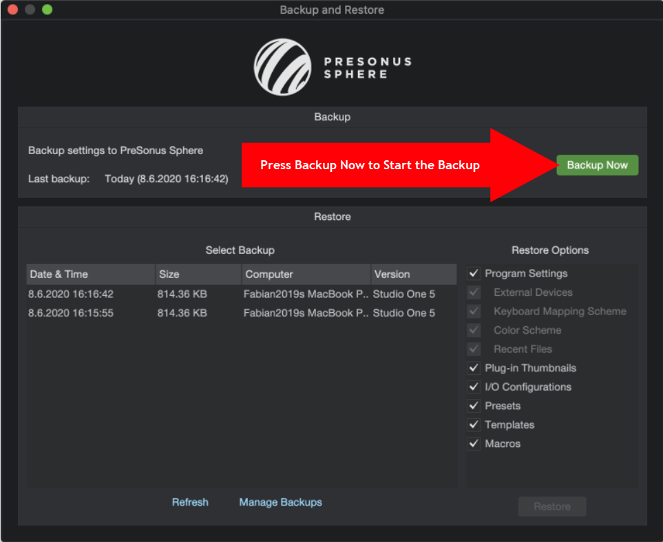 Studio One 5: Backup and Restore Utility – Knowledge Base | PreSonus