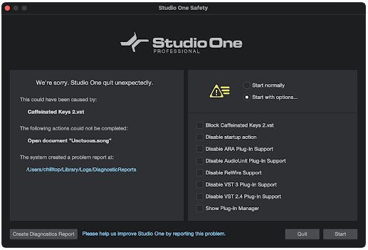 Studio One 6: Diagnostic reporting in Studio One – Knowledge Base | PreSonus